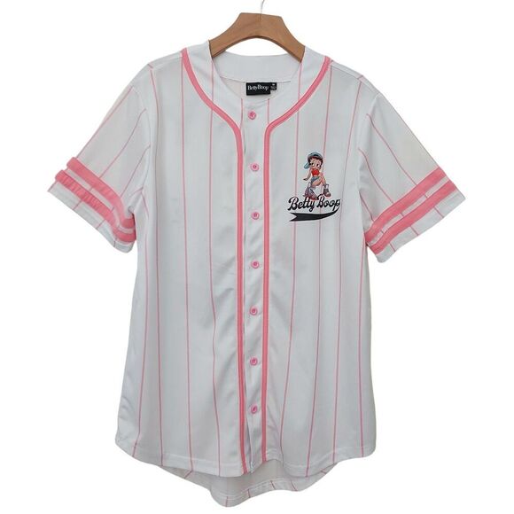 Betty Boop Baseball Jersey Womens Medium Pink White Button Up Retro Novelty - Picture 1 of 11
